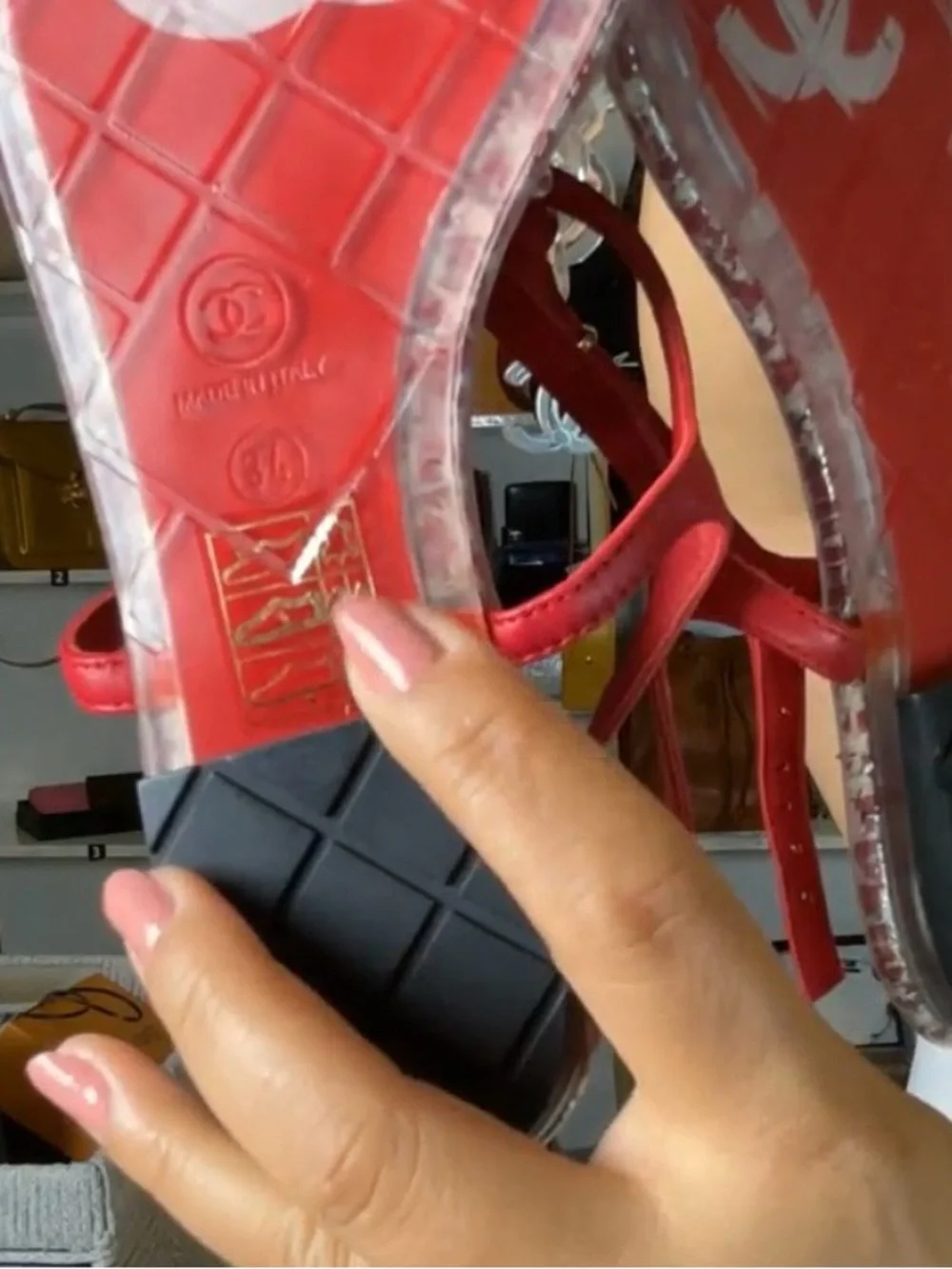 CHANEL Red Tweed Slingback Sandals with Crystal Detail